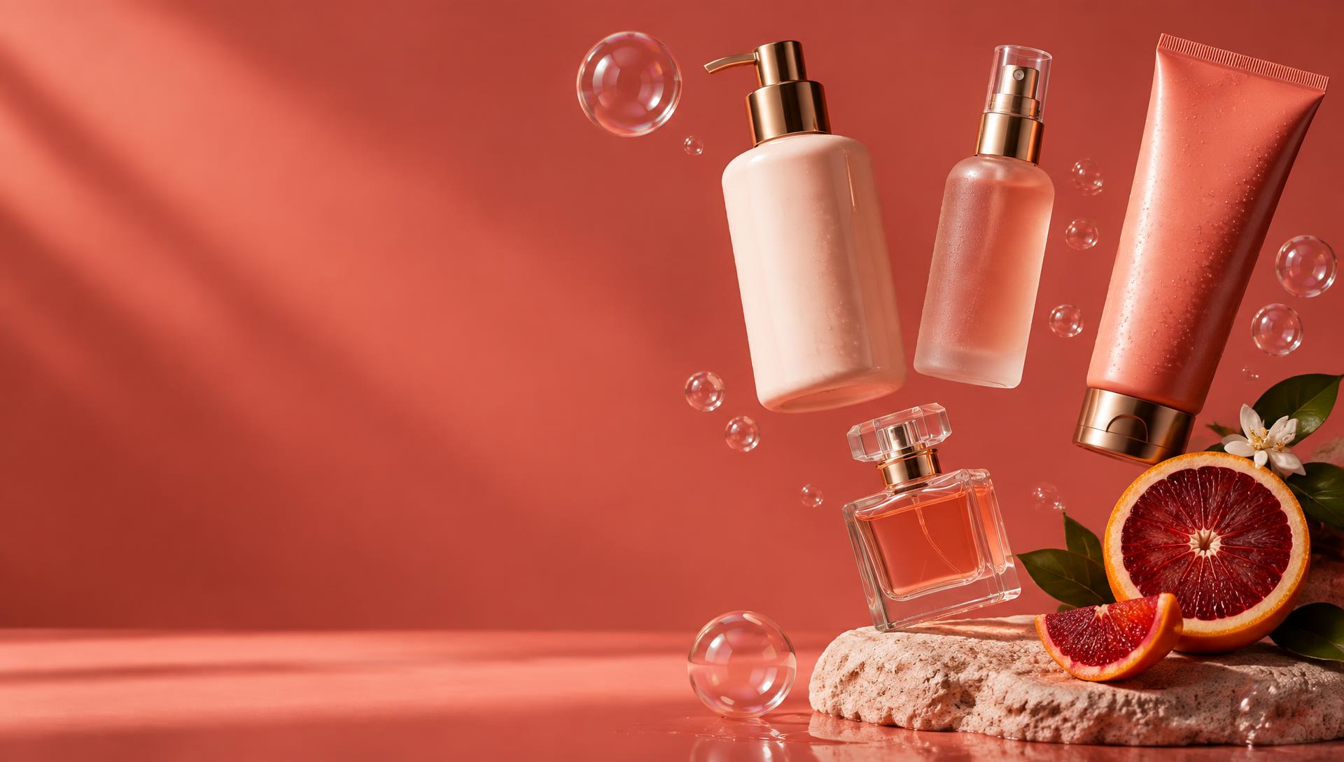 LB body lotion, mist, body wash and perfume floating among bubbles